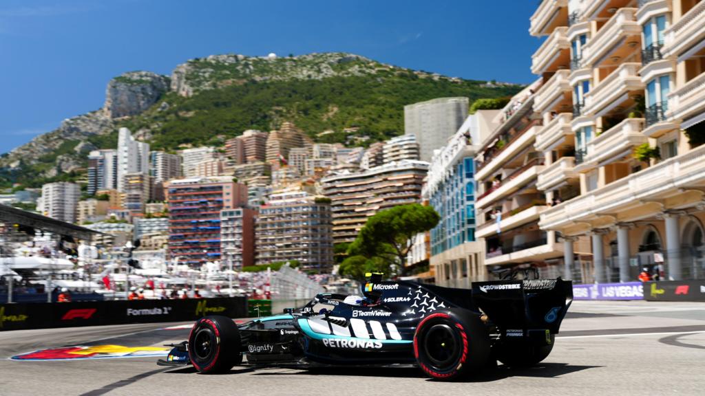 A rear view as Kimi Antonelli goes through the chicane during Monaco Grand Prix final practice