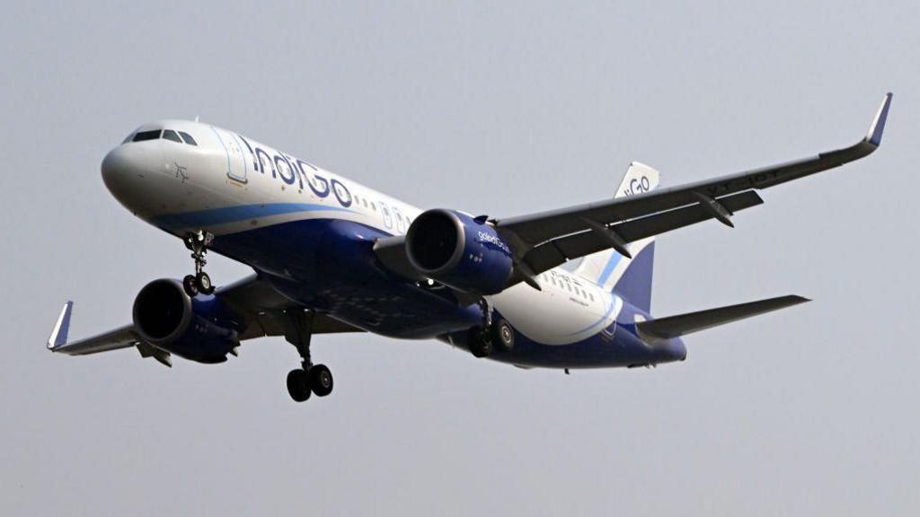 An Airbus SE A320 aircraft, operated by IndiGo, a unit of InterGlobe Aviation Ltd., prepares to land at Indira Gandhi International Airport in New Delhi, India, on Wednesday, Oct. 23, 2024. IndiGo is scheduled to release earnings results on Oct. 25.
