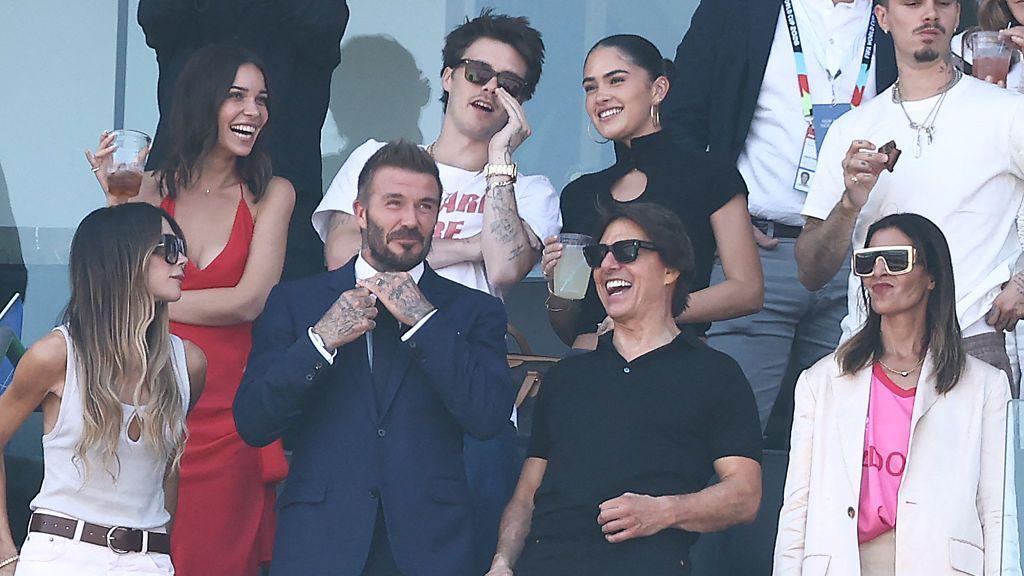 (Bottom from L) English former footballer David Beckham, singer and designer Victoria Beckahm, US actor Tom Cruise, (top from L) Jackie Apostel, Cruz Beckham, Kim Turnball and Romeo Beckham attend the 2026 World Cup football tournament