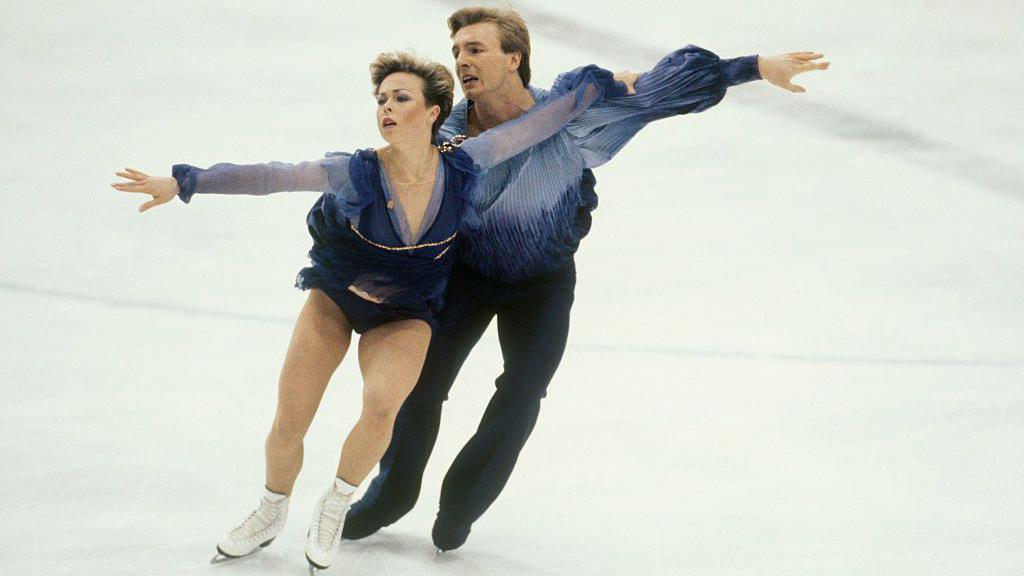 Jayne Torvill (left) and Christopher Dean performing on the ice at the Olympics in Sarejevo