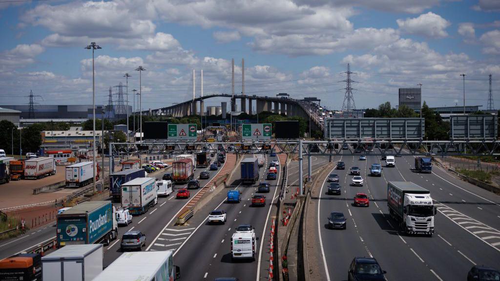 Traffic makes its way north and southbound over and under the Dartford Crossing on June 17, 2024 in Dartford, England