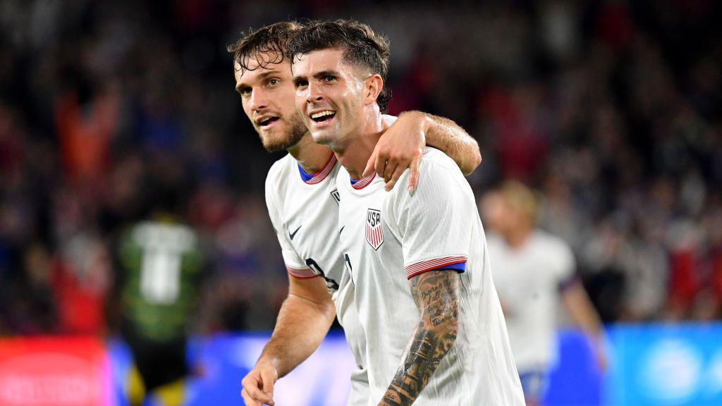 Christian Pulisic celebrates scoring for the US against Jamaica