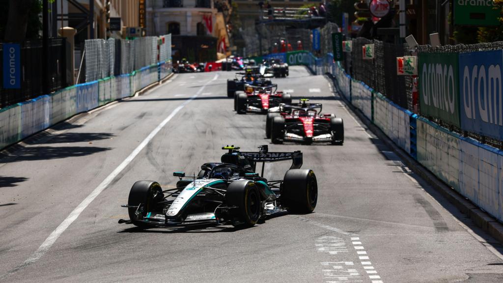 Kimi Antonelli leads the two Ferraris into Mirabeau during the Monaco Grand Prix