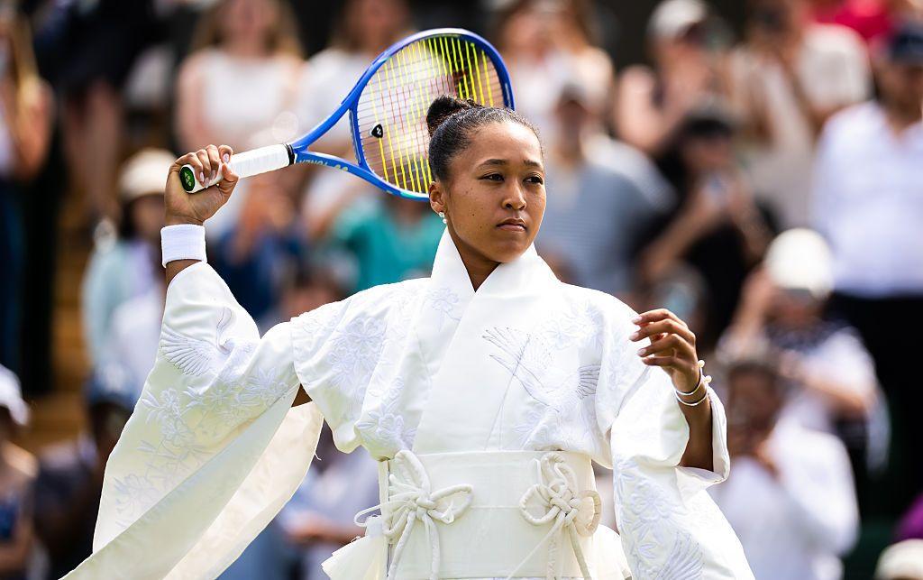 Naomi Osaka wears a kimono during her warm-up before her opening match at Wimbledon