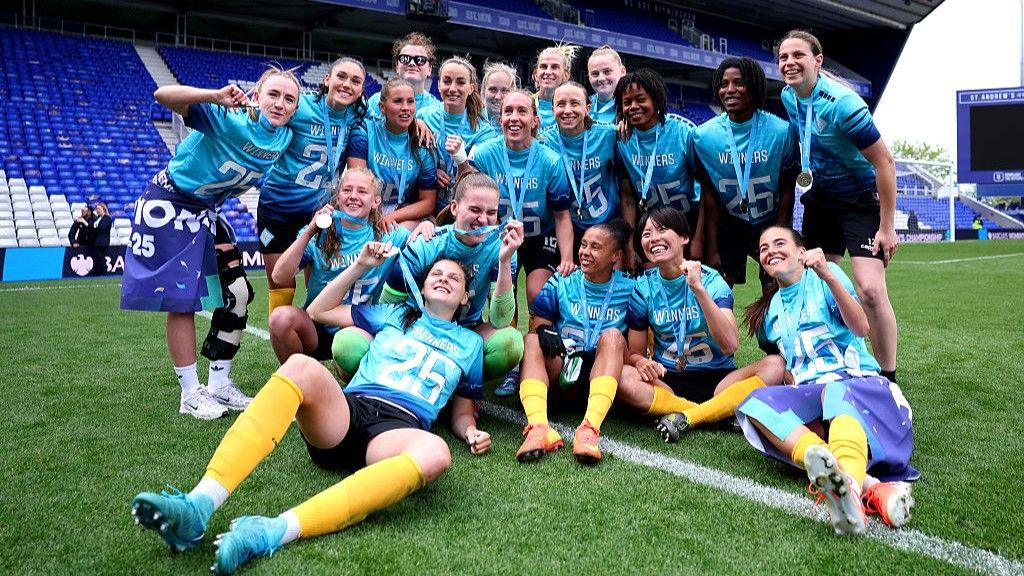 London City Lionesses players celebrate winning WSL 2 last season