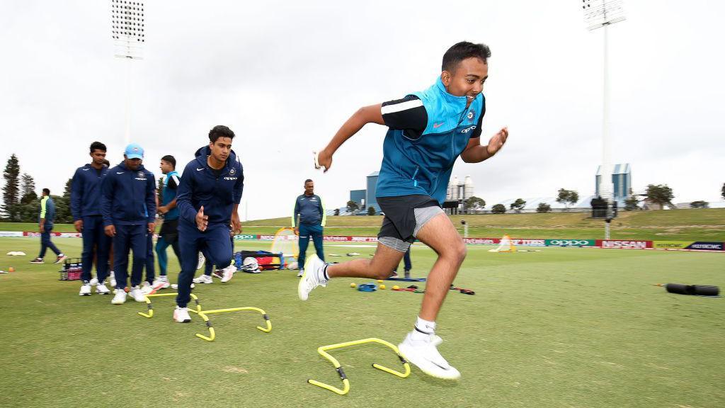 : Captain Prithvi Shaw of India warms up during the ICC U19 Cricket World Cup match between India and Papua New Guinea at Bay Oval on January 16, 2018 in Tauranga, New Zealand.