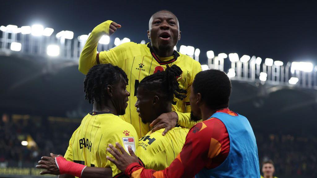 Watford celebrate Vakoun Bayo's goal against Oxford