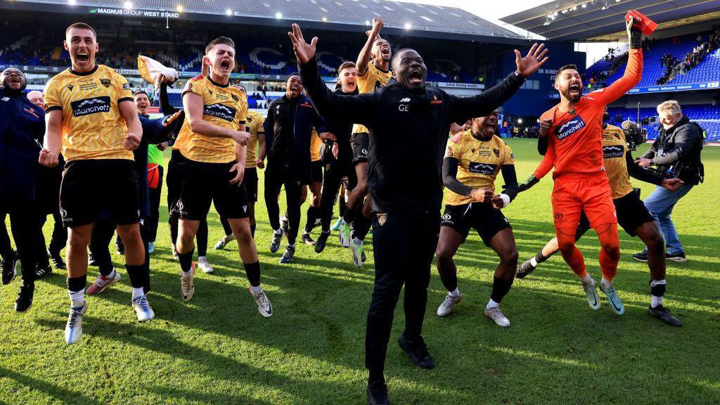 Maidstone United celebrate their shock FA Cup win over Ipswich Town