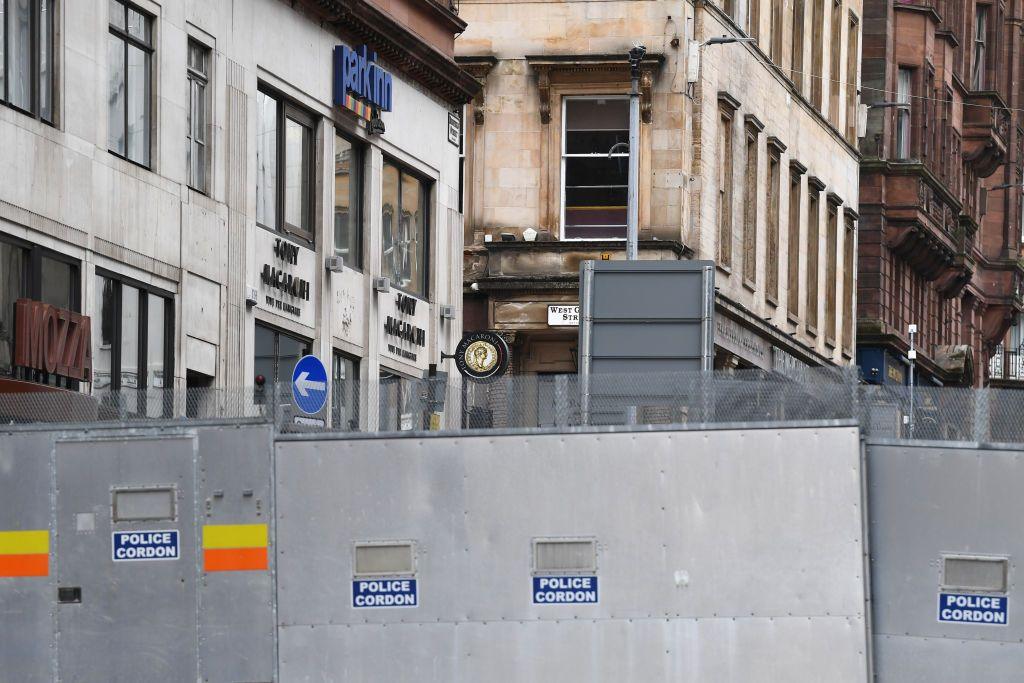 A metal police cordon erected outside the Park Inn hotel