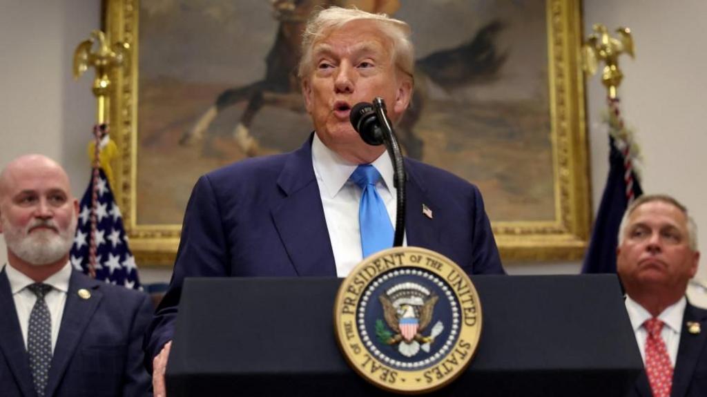 trump speaks into a microphone