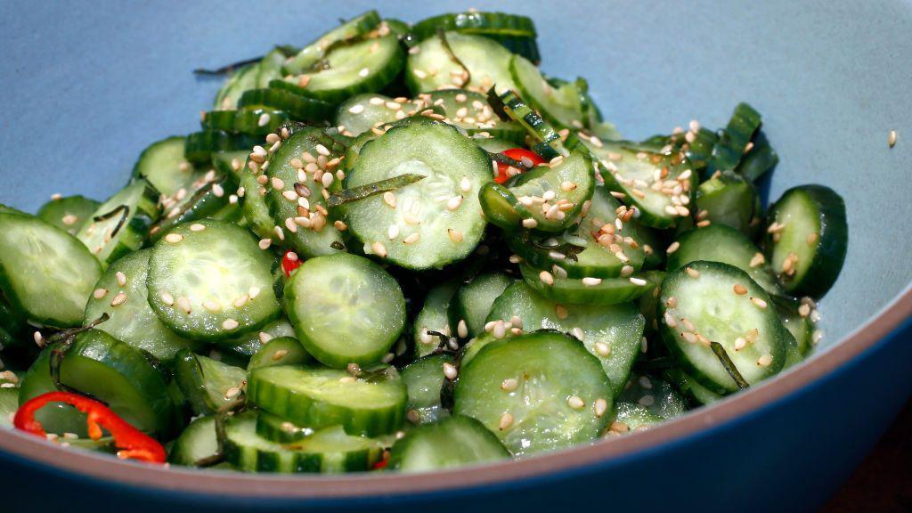 Cucumber salad presented nicely on a plate