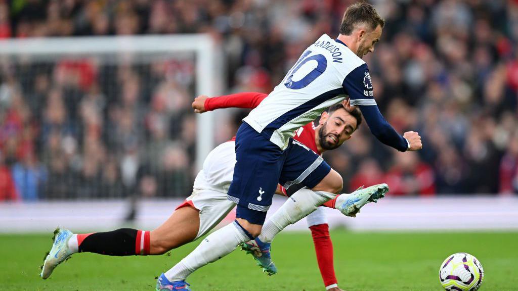 Bruno Fernandes challenges James Maddison during Manchester United's 3-0 defeat to Tottenham Hotspur on 29 September.