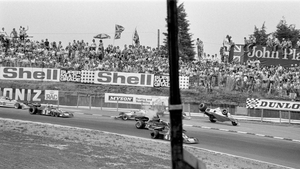 James Hunt's McLaren is in the air and on two wheels in a first-corner collision at Brands Hatch in 1976. The race was red-flagged and Hunt was initially told he could not take the restart because he had not completed the first lap in his damaged car. However, with the crowd increasingly angry and items being thrown on to the circuit, the home hero was then allowed to take the restart. Hunt won the race but was subsequently disqualified two months later 