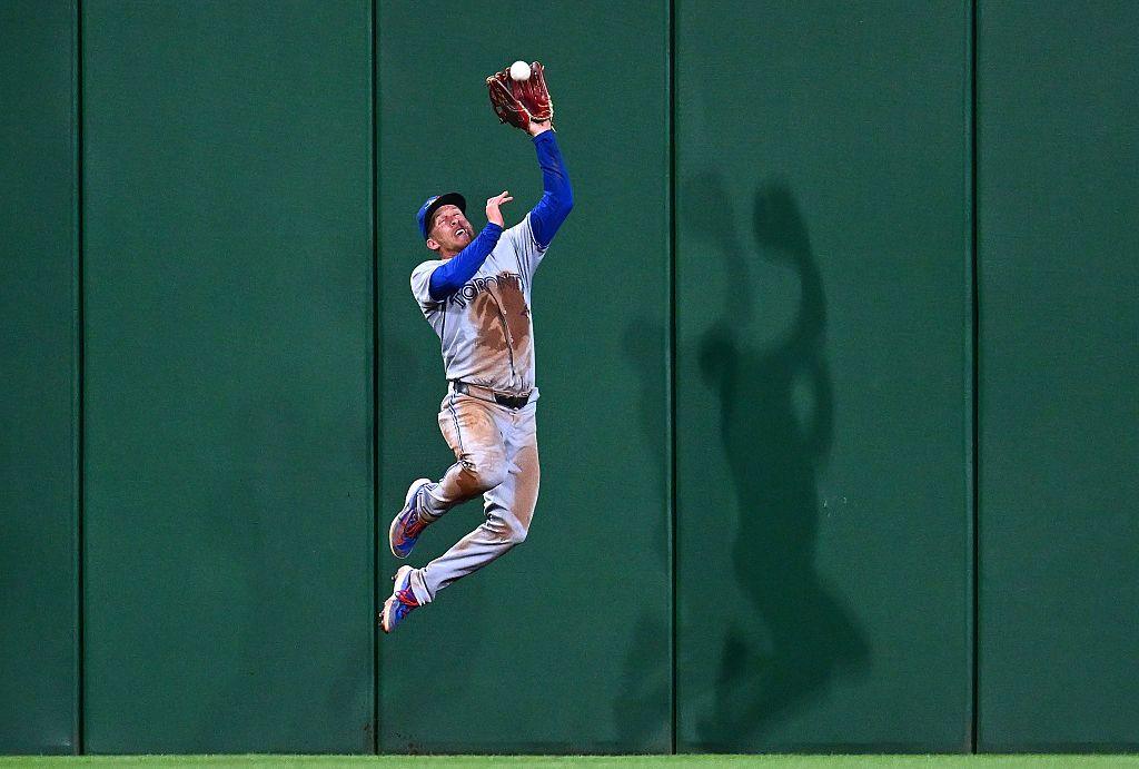 Toronto Blue Jays' Myles Straw makes a catch on a hit by Pittsburgh Pirates' Ronny Simon during the fifth inning at PNC Park in Pittsburgh, Pennsylvania. Photo by Joe Sargent