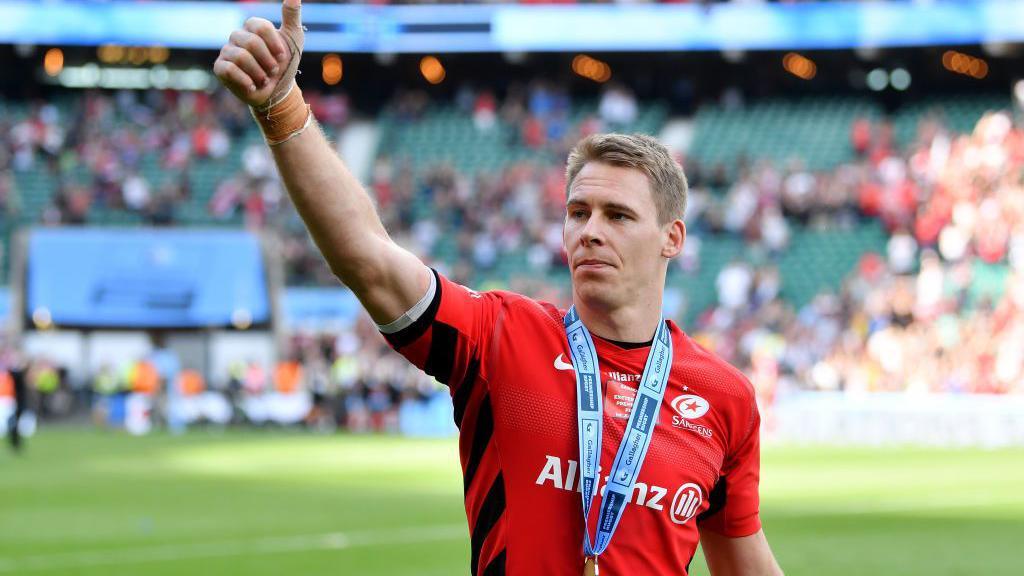 Liam Williams of Saracens celebrates following the Gallagher Premiership Rugby Final between Exeter Chiefs and Saracens at Twickenham