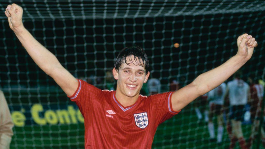  England striker Gary Lineker pictured celebrating a hat trick after an World Cup Qualifier International match against Turkey at Wembley Stadium