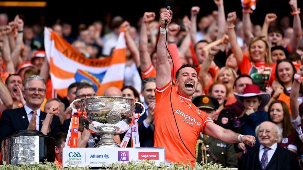 Armagh captain Aidan Forker cheering with the Sam Maguire Cup after winning the GAA Football All-Ireland Senior Championship Final match between Armagh and Galway at Croke Park in Dublin