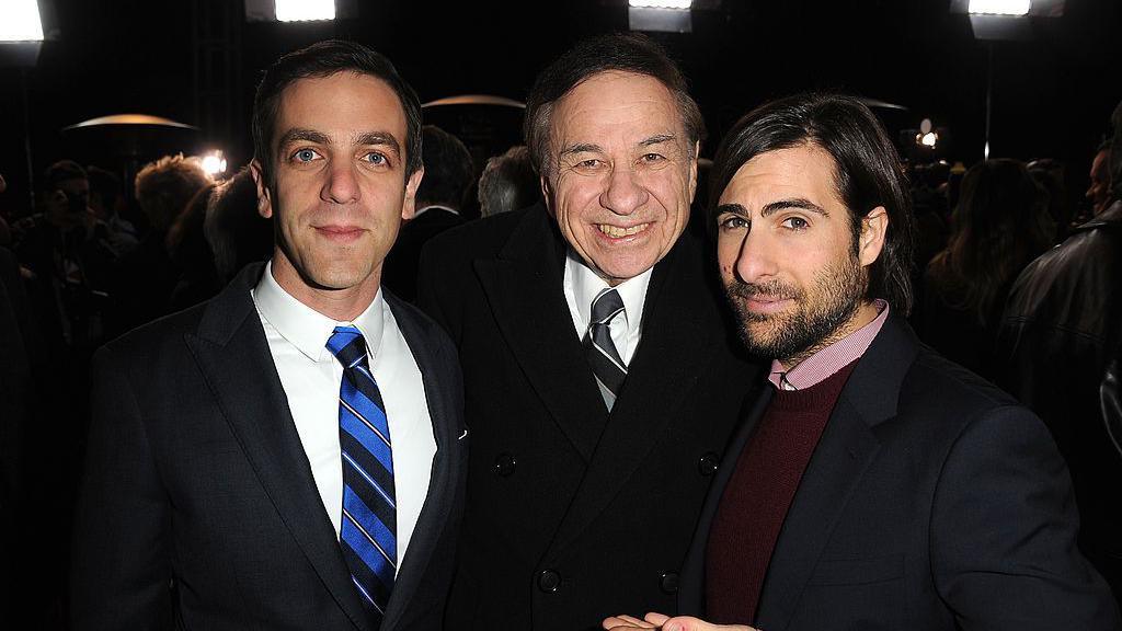 Actors Jason Schwartzman (L) and B.J. Novak (R) and Richard Sherman (C)attend the U.S. premiere of Disney's "Saving Mr. Banks", the untold backstory of how the classic film "Mary Poppins" made it to the screen, at the Walt Disney Studios on December 9, 2013 in Burbank, California. 