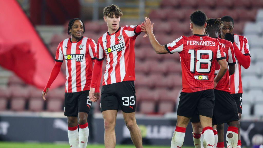 Tyler Dibling celebrates scoring Southampton's third goal against Swansea