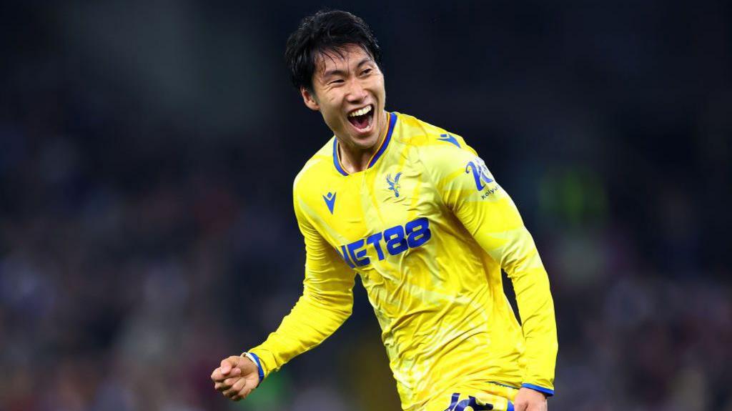 Daichi Kamada celebrates scoring for Crystal Palace against Aston Villa in the EFL Cup