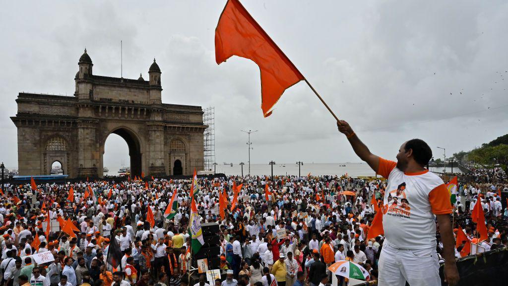 MVA party workers gathered at Gateway Of India, during the protest march from Hutatma Chowk to Gateway of India for Chhatrapati Shivaji Maharaj Statue Collapse, on September 1, 2024 in Mumbai, India.