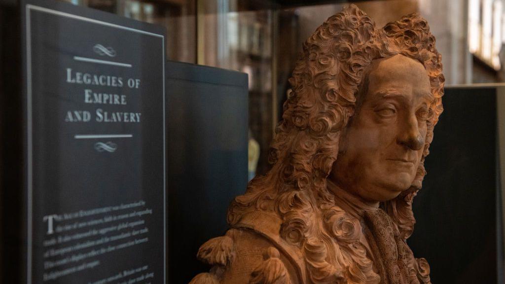 A bust of British Museum founder, Sir Hans Sloane, sits in a new cabinet explaining his links to slavery at the British Museum