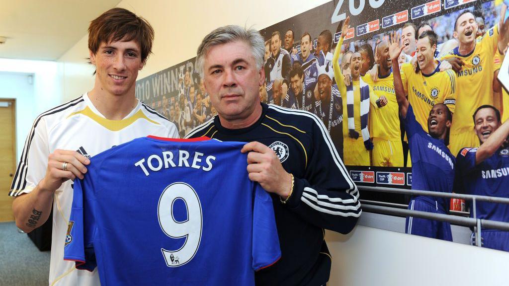 Manager Carlo Ancelotti with Fernando Torres of Chelsea during a press conference to announce his signing