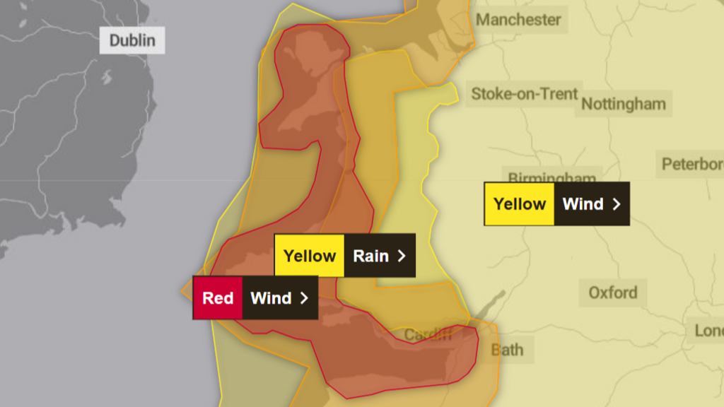 Met Office map of Wales for Storm Darragh 