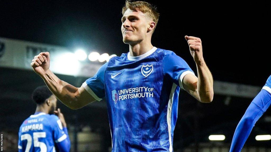 Owen Moxon celebrates scoring for Portsmouth