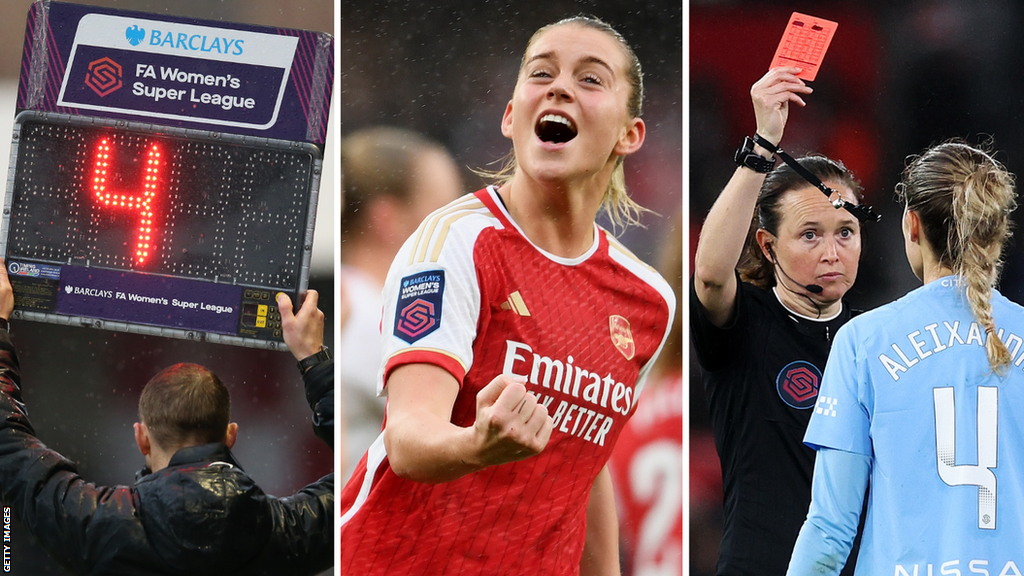 Split image showing an added time board, Alessia Russo celebrating and Laia Aleixandri receiving a red card