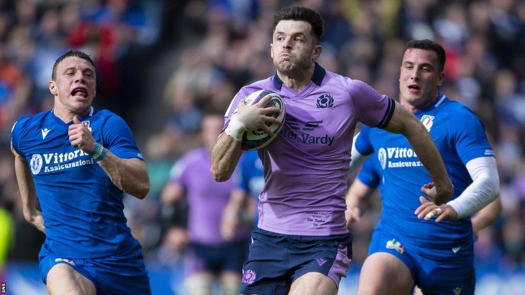 Scotland's Blair Kinghorn scores a try against Italy