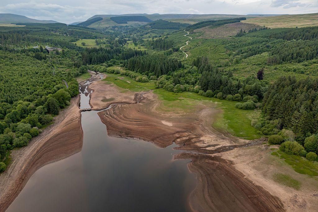 Lwyn-on reservoir in the Taf Fawr valley has very low water levels