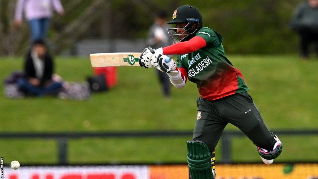 Shakib Al Hasan of Bangladesh plays a shot