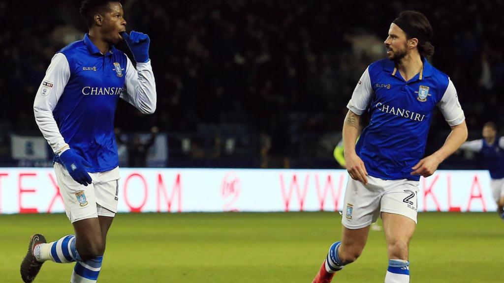 Lucas Joao of Sheffield Wednesday celebrates scoring the opening goal with George Boyd