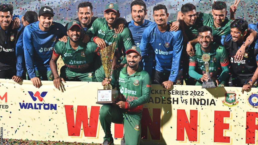 Bangladesh with the ODI series trophy