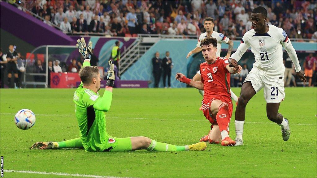 Tim Weah slots past Wayne Hennessey to give the US the lead