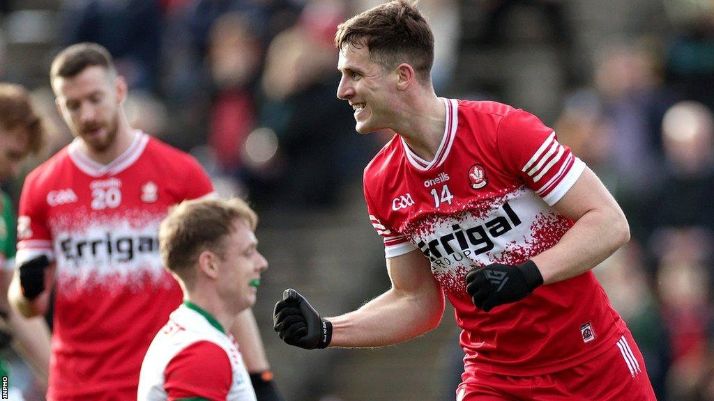 Shane McGuigan celebrates after scoring Derry's second goal in Castlebar