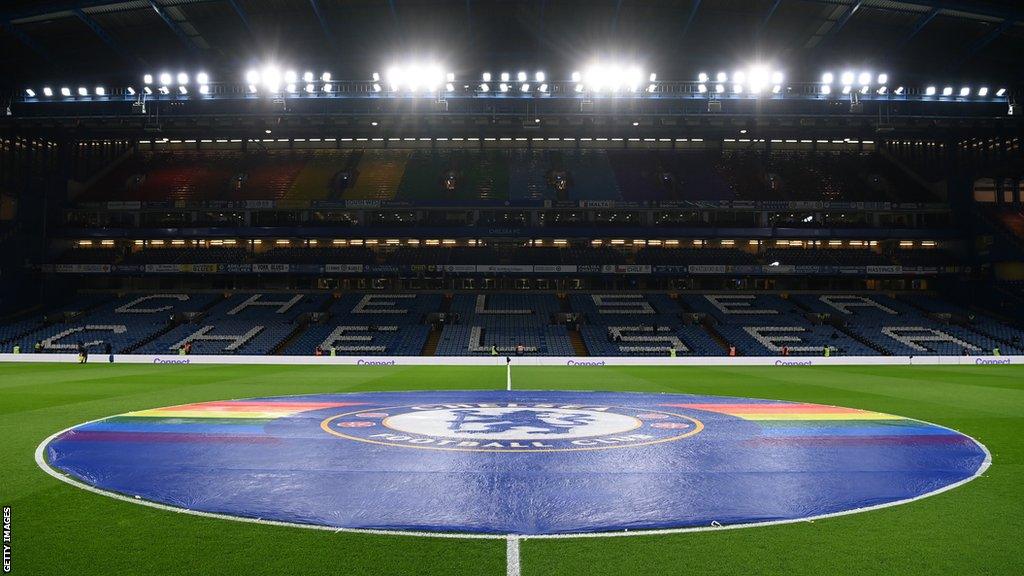 A general view of Stamford Bridge with part of the stands in different colours as part of the rainbow laces campaign