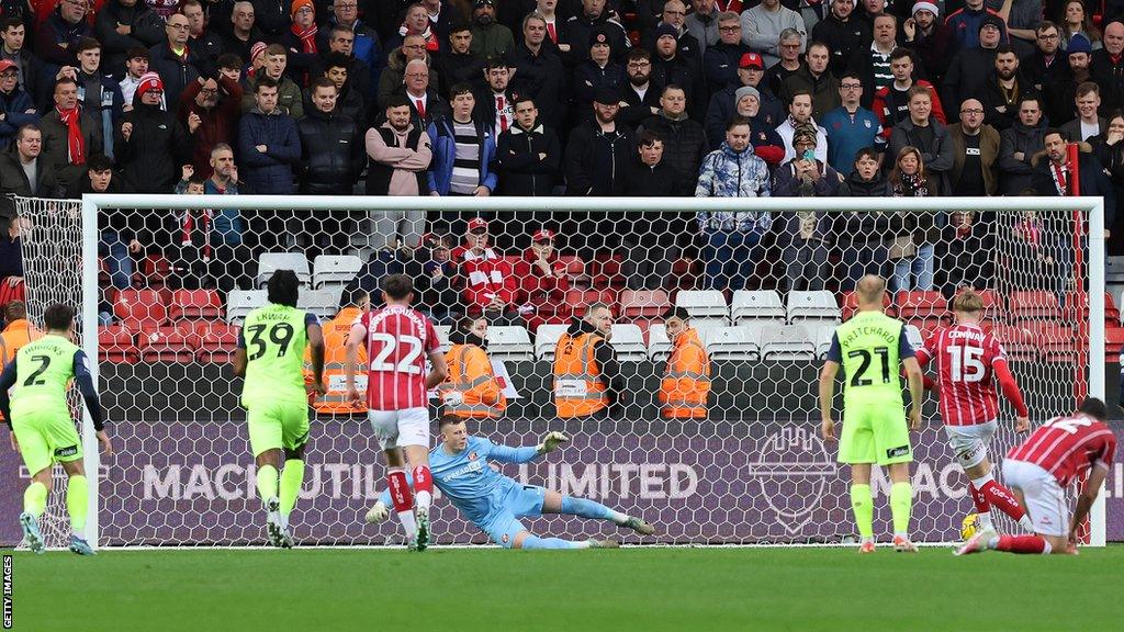 Tommy Conway (far right) scores a penalty for Bristol City