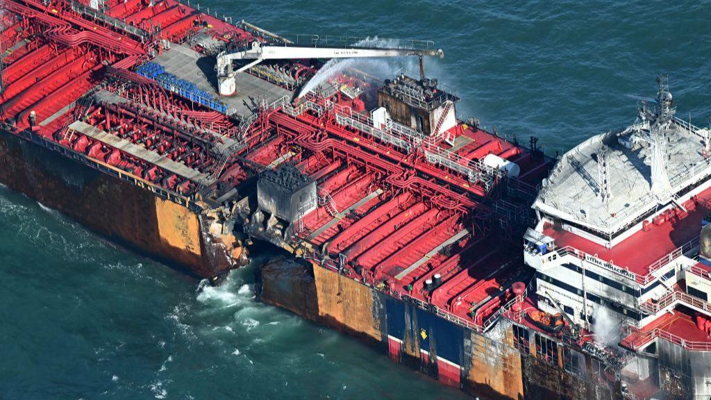 The damaged  MV Stena Immaculate in the North Sea