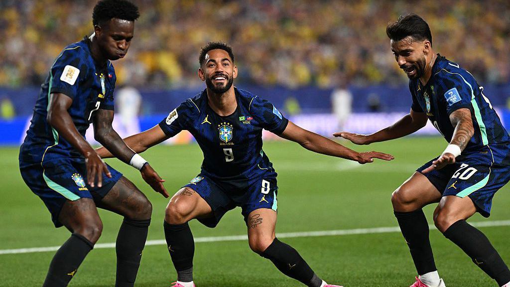 Brazil's Vinicius Junior, Matheus Cunha and Lucas Paqueta celebrate against Haiti