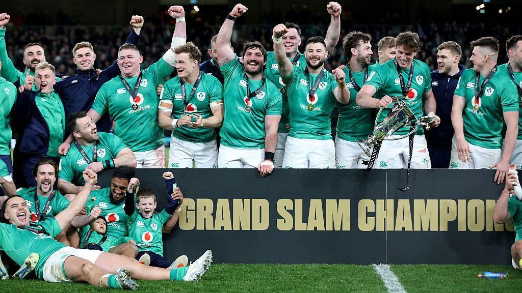 Ireland lifting the Six Nations trophy in 2023.