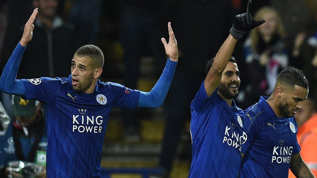 Leicester City players celebrate their goal against FC Copenhagen