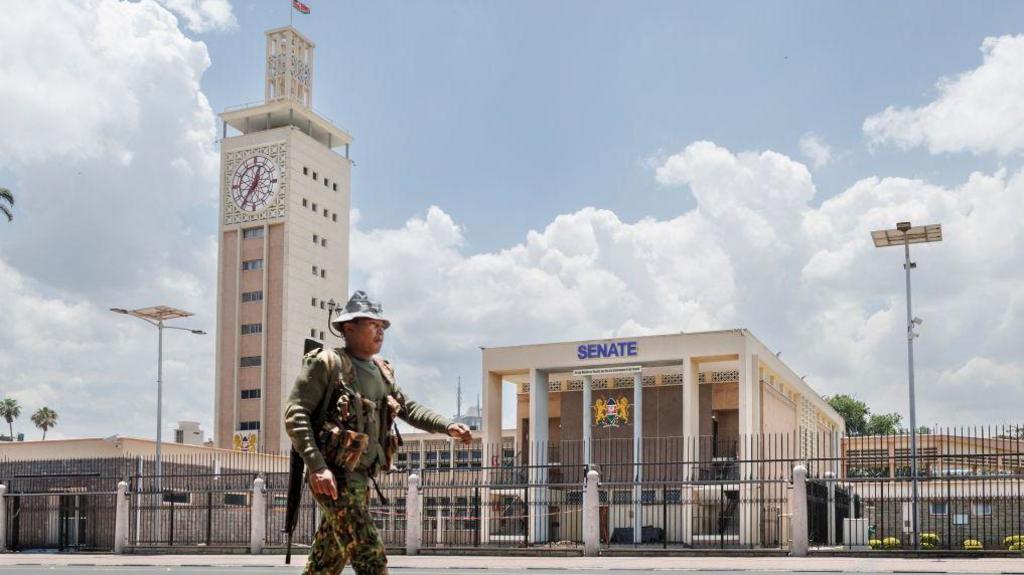 A soldier in camouflage uniform with a gun on his right shoulder walks past Kenya's Senate building.