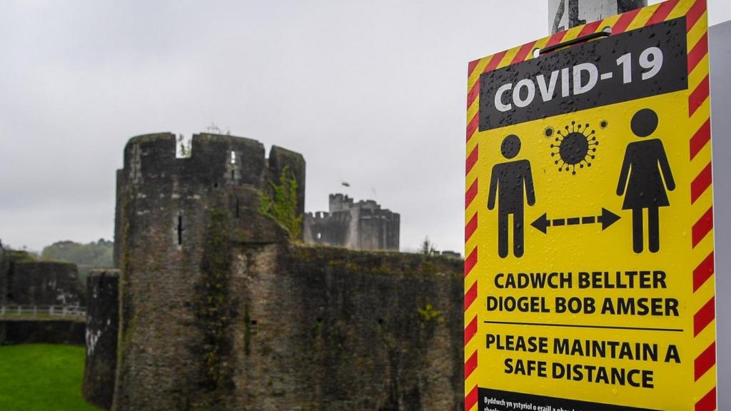 Covid-19 signage opposite Caerphilly castle advises on social distancing