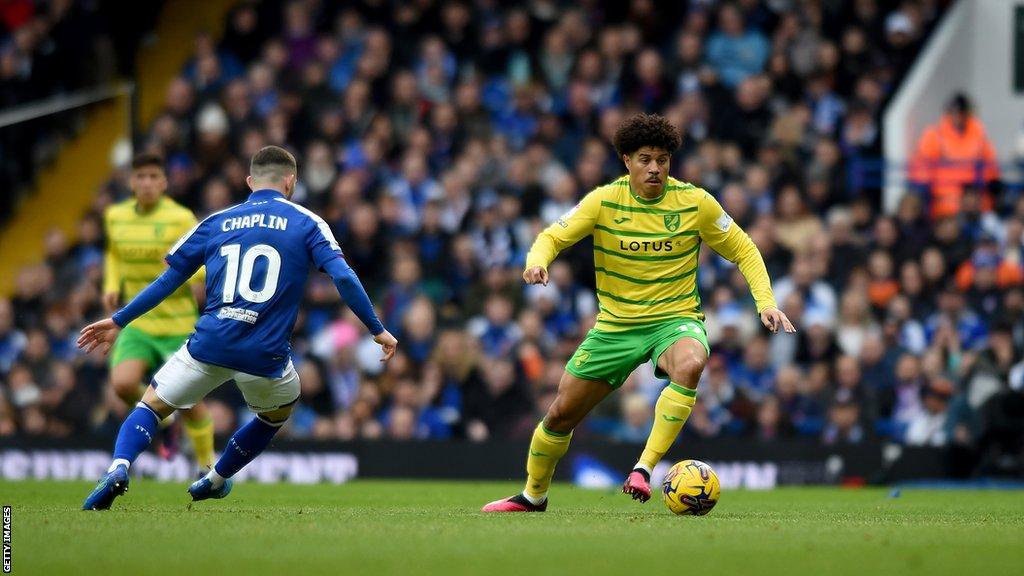 Gabriel Sara tries to take the ball around Conor Chaplin when Norwich played Ipswich in December