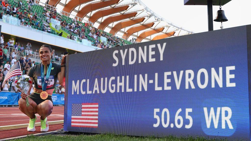 Sydney McLaughlin-Levrone poses with her new world record