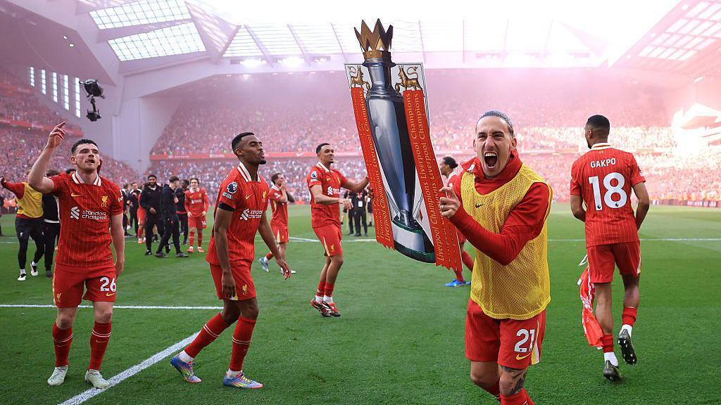 Kostas Tsimikas of Liverpool celebrate with a card board cut out of the Premier League trophy