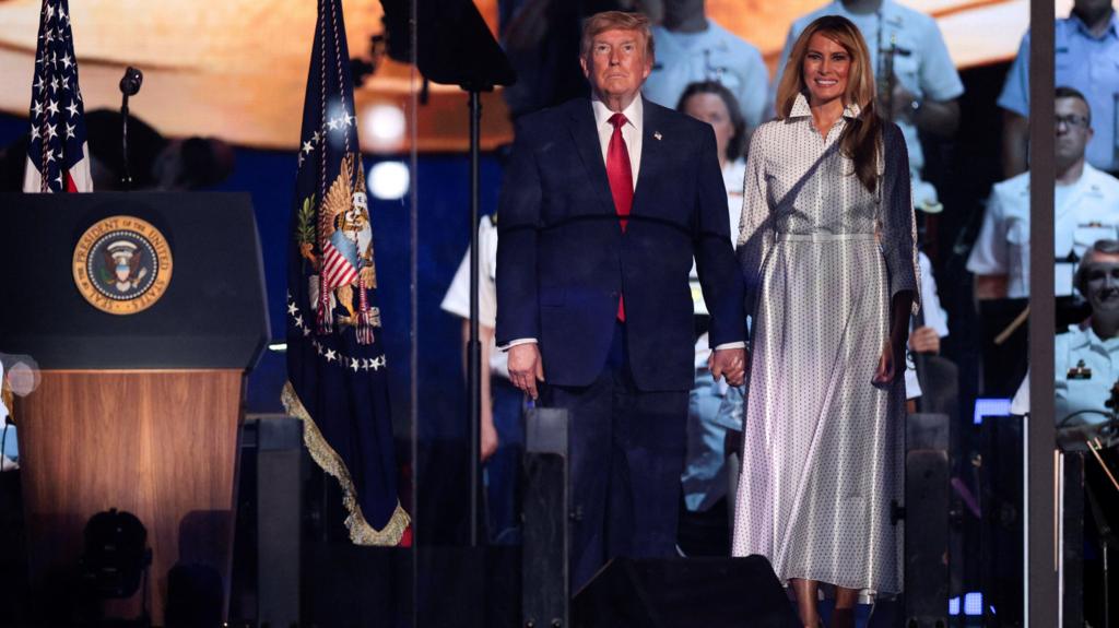 U.S. President Donald Trump and first lady Melania Trump attend a Fourth of July rally, marking the 250th anniversary of U.S. independence, on the National Mall in Washington, D.C., U.S., July 4, 2026. 