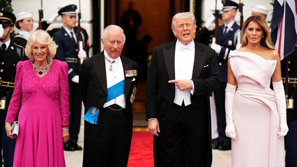 Queen Camilla, King Charles, Donald Trump and Melania Trump stand outside the White House for the banquet
